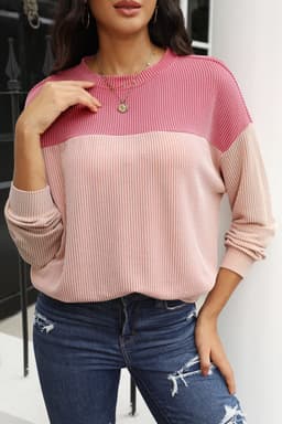 image-Pink Color Block Long Sleeve Ribbed Loose Top