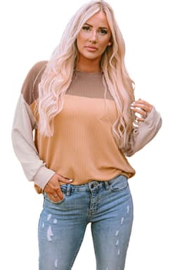 image-Pink Color Block Long Sleeve Ribbed Loose Top