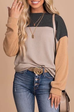image-Pink Color Block Long Sleeve Ribbed Loose Top