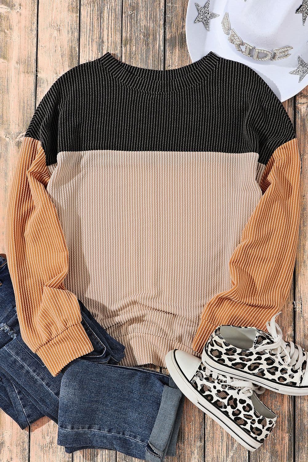 image-Pink Color Block Long Sleeve Ribbed Loose Top