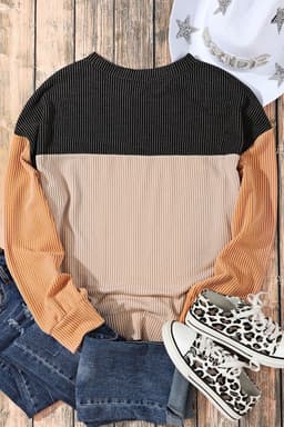 image-Pink Color Block Long Sleeve Ribbed Loose Top