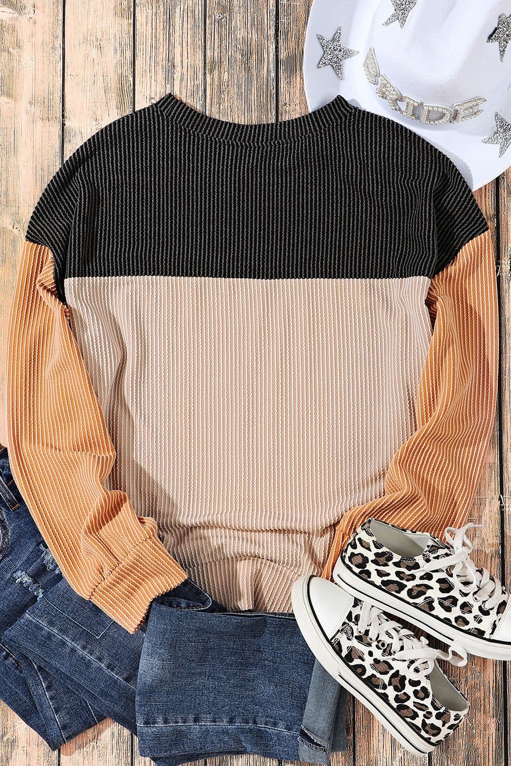 image-Pink Color Block Long Sleeve Ribbed Loose Top