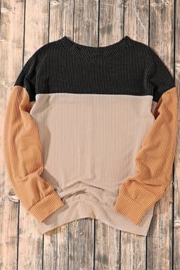 image-Pink Color Block Long Sleeve Ribbed Loose Top