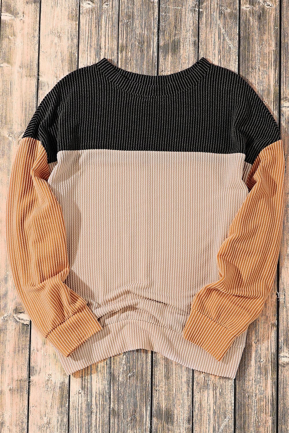 image-Pink Color Block Long Sleeve Ribbed Loose Top