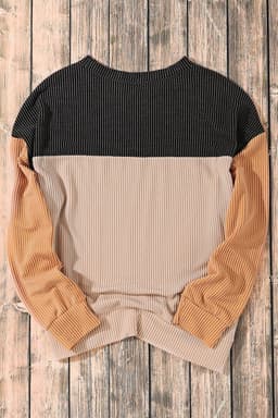 image-Pink Color Block Long Sleeve Ribbed Loose Top