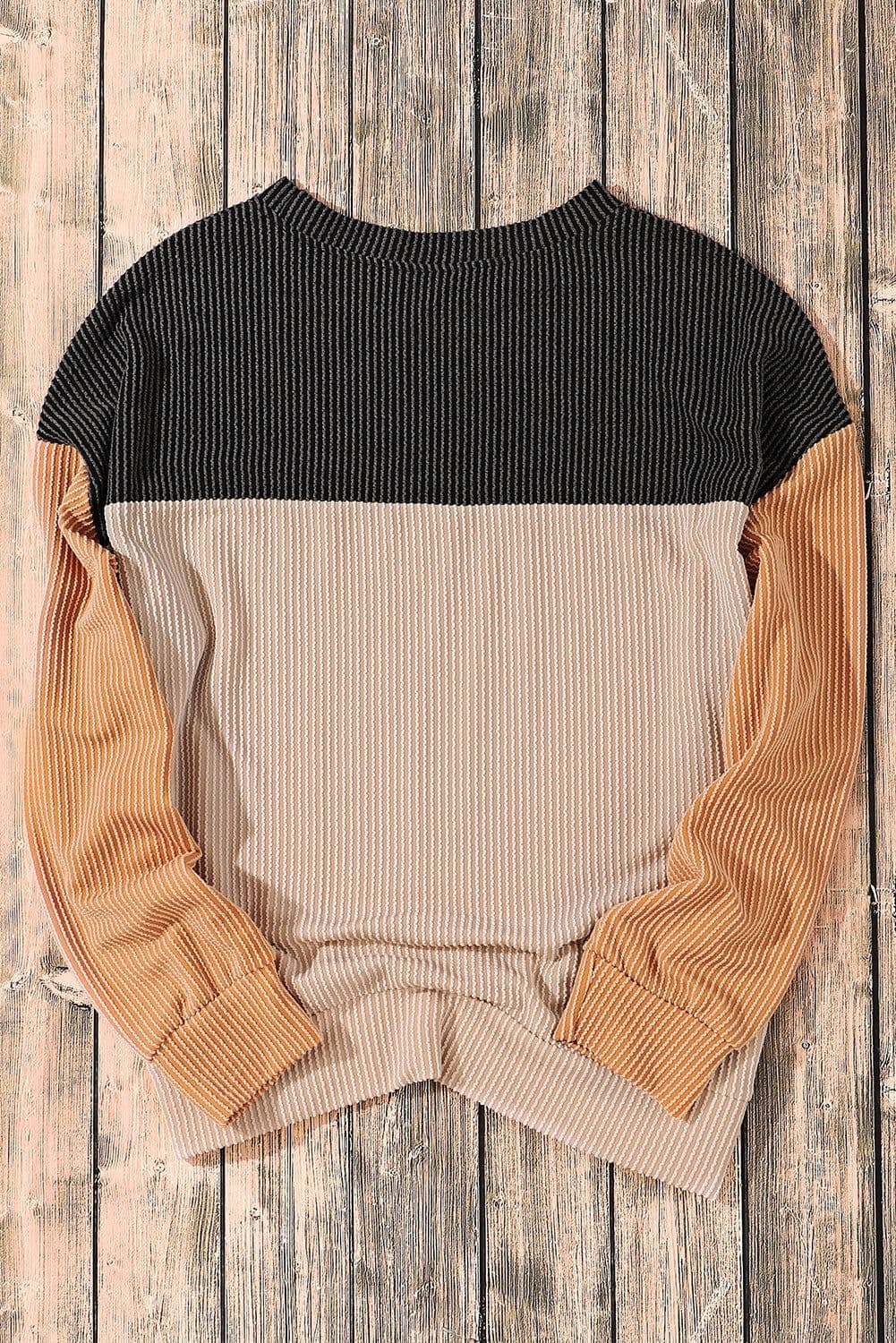 image-Pink Color Block Long Sleeve Ribbed Loose Top