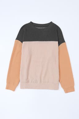image-Pink Color Block Long Sleeve Ribbed Loose Top