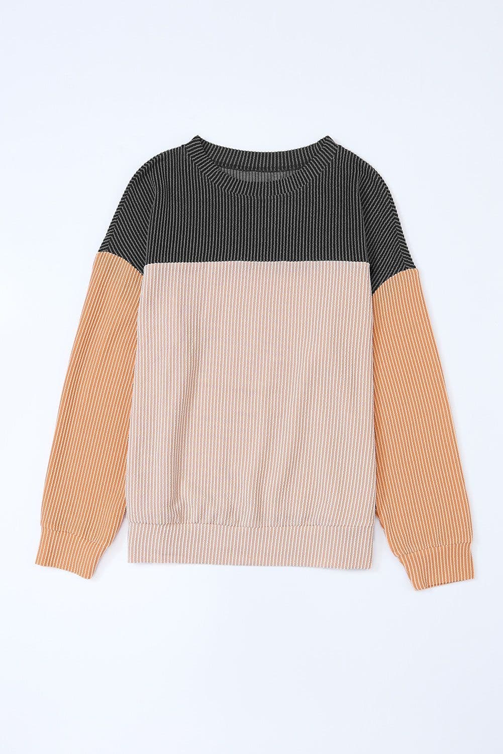 image-Pink Color Block Long Sleeve Ribbed Loose Top