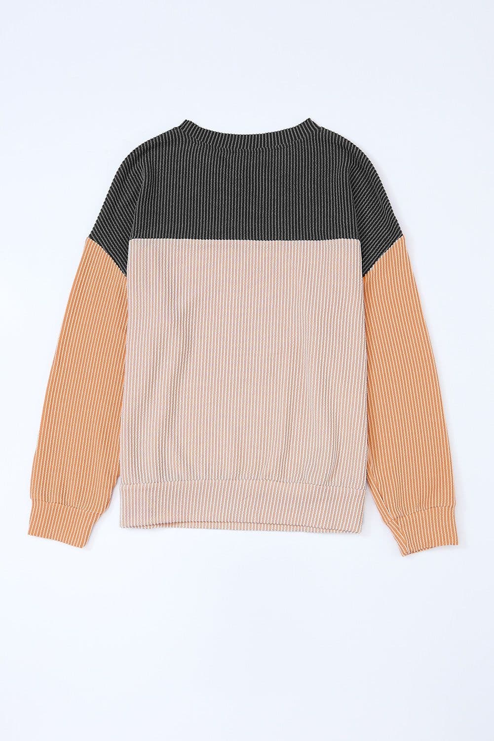 image-Pink Color Block Long Sleeve Ribbed Loose Top
