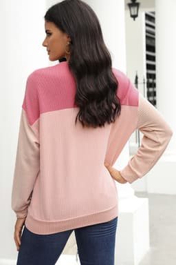 image-Pink Color Block Long Sleeve Ribbed Loose Top