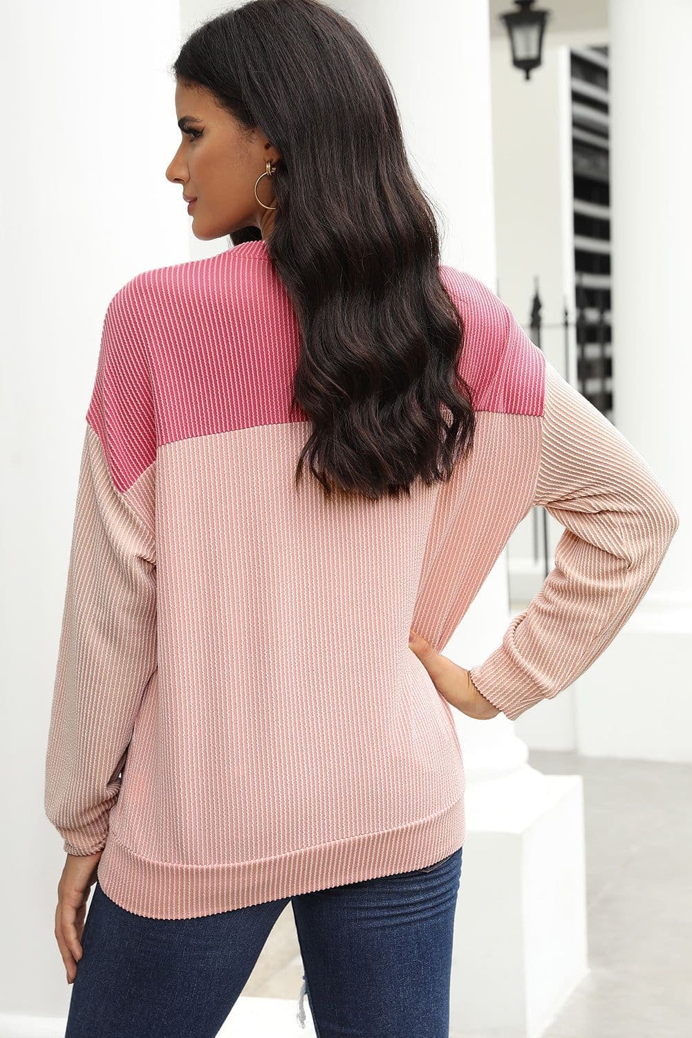 image-Pink Color Block Long Sleeve Ribbed Loose Top