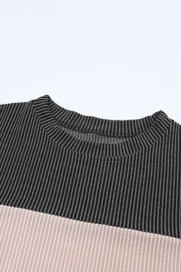 image-Pink Color Block Long Sleeve Ribbed Loose Top