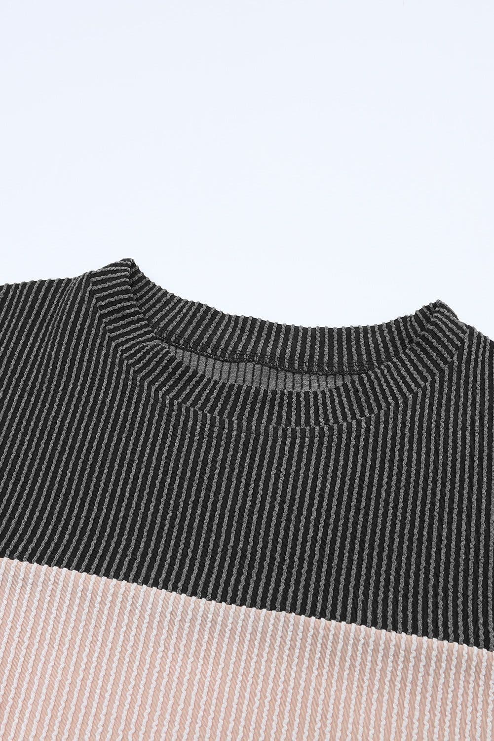 image-Pink Color Block Long Sleeve Ribbed Loose Top
