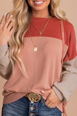 image-Pink Color Block Long Sleeve Ribbed Loose Top