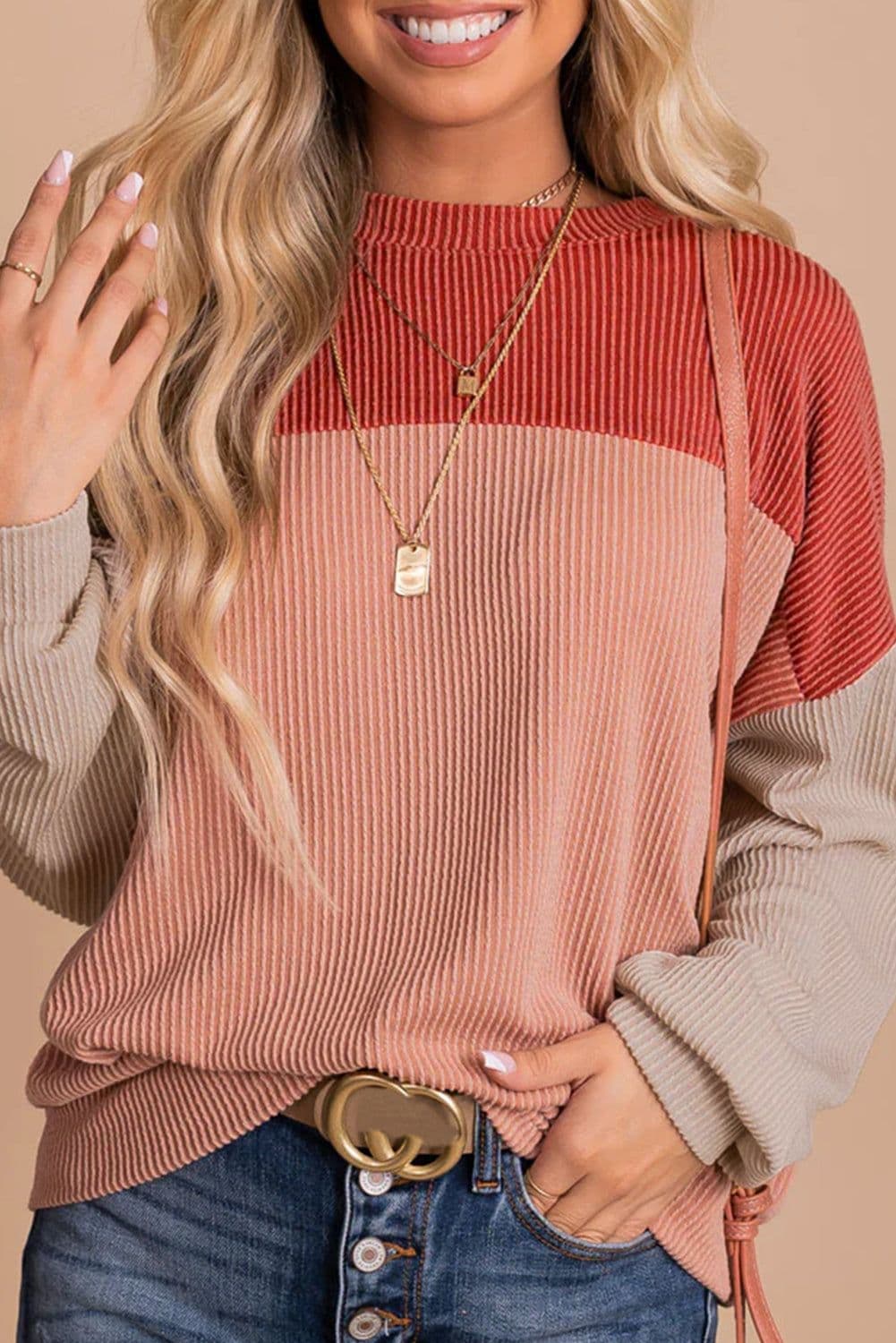 image-Pink Color Block Long Sleeve Ribbed Loose Top