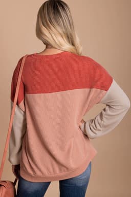 image-Pink Color Block Long Sleeve Ribbed Loose Top