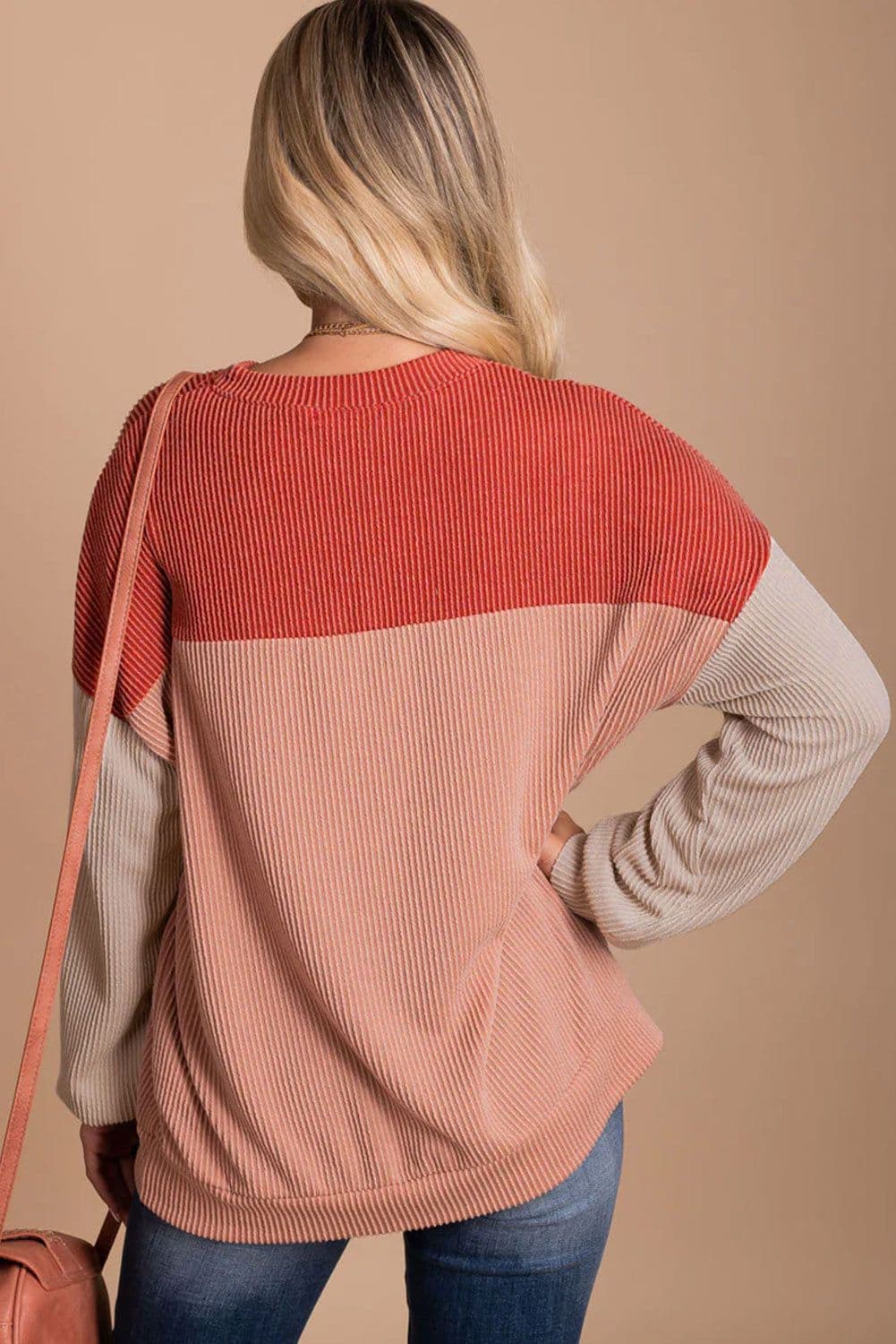 image-Pink Color Block Long Sleeve Ribbed Loose Top