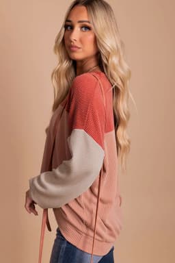 image-Pink Color Block Long Sleeve Ribbed Loose Top