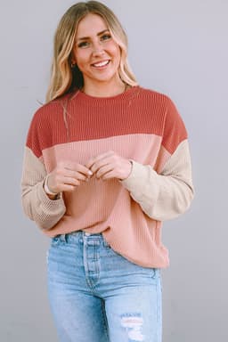 image-Pink Color Block Long Sleeve Ribbed Loose Top