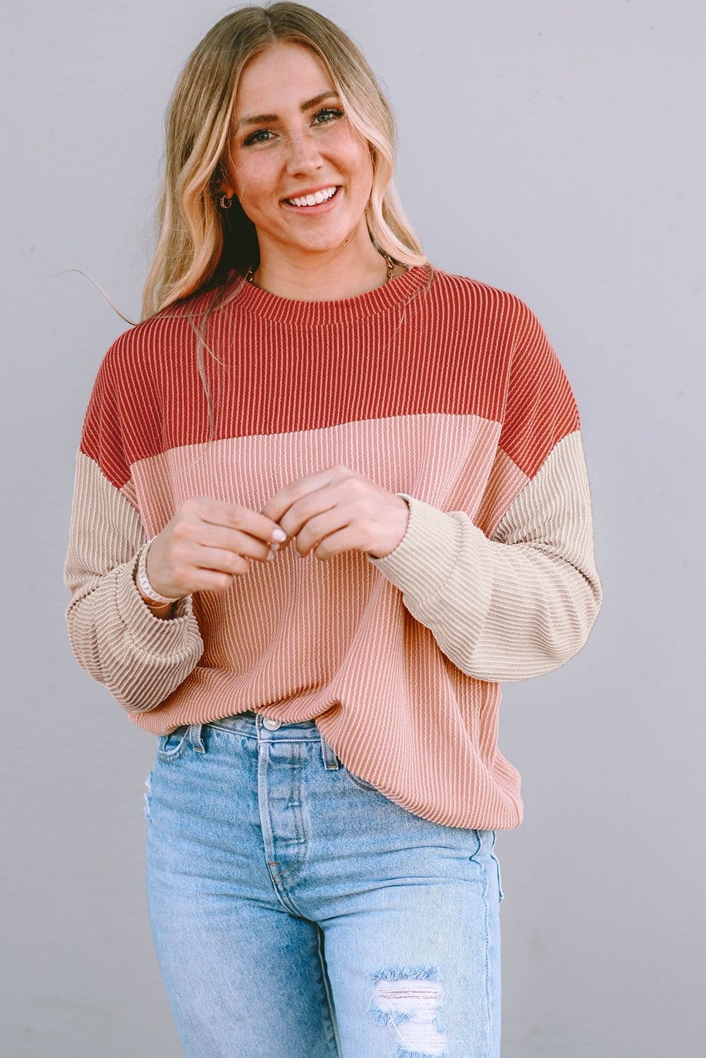 image-Pink Color Block Long Sleeve Ribbed Loose Top