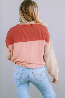 image-Pink Color Block Long Sleeve Ribbed Loose Top