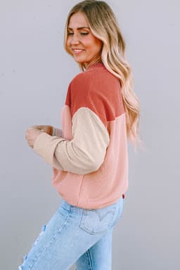 image-Pink Color Block Long Sleeve Ribbed Loose Top