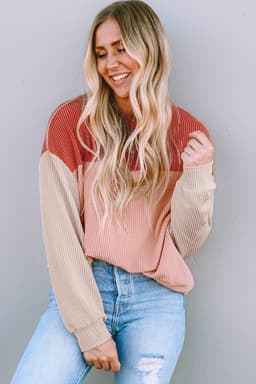 image-Pink Color Block Long Sleeve Ribbed Loose Top