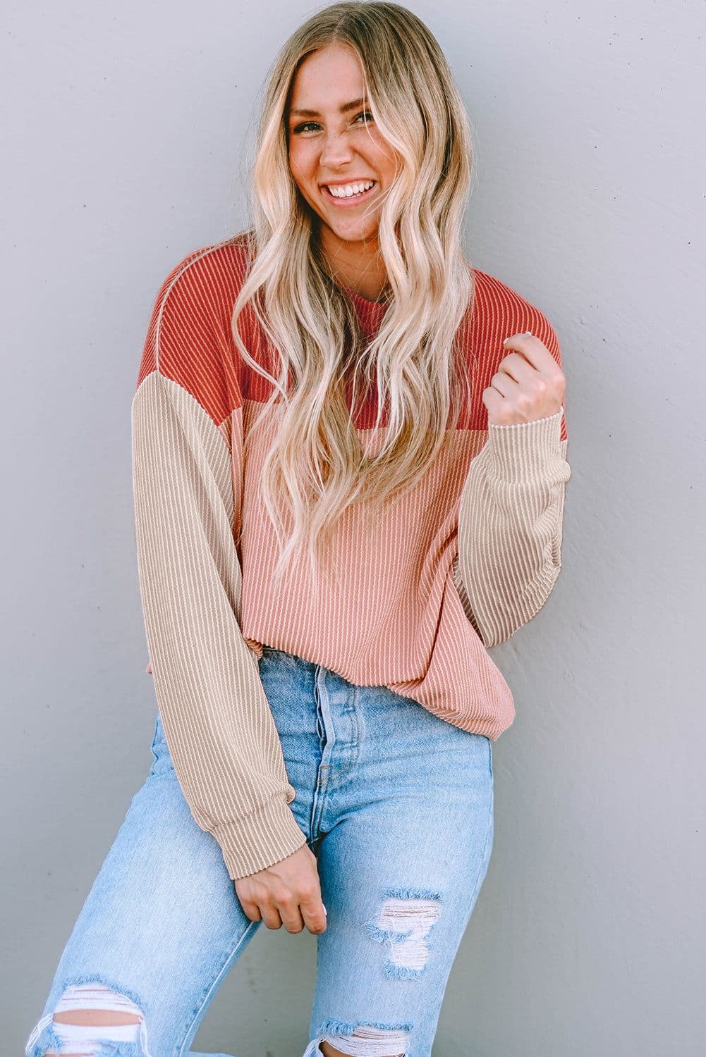 image-Pink Color Block Long Sleeve Ribbed Loose Top