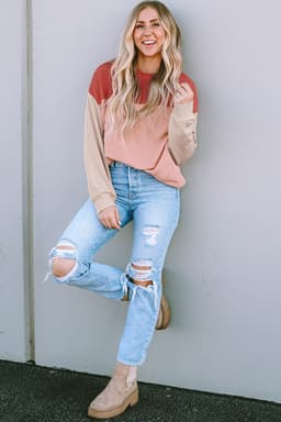 image-Pink Color Block Long Sleeve Ribbed Loose Top