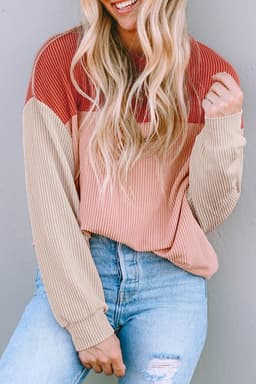 image-Pink Color Block Long Sleeve Ribbed Loose Top