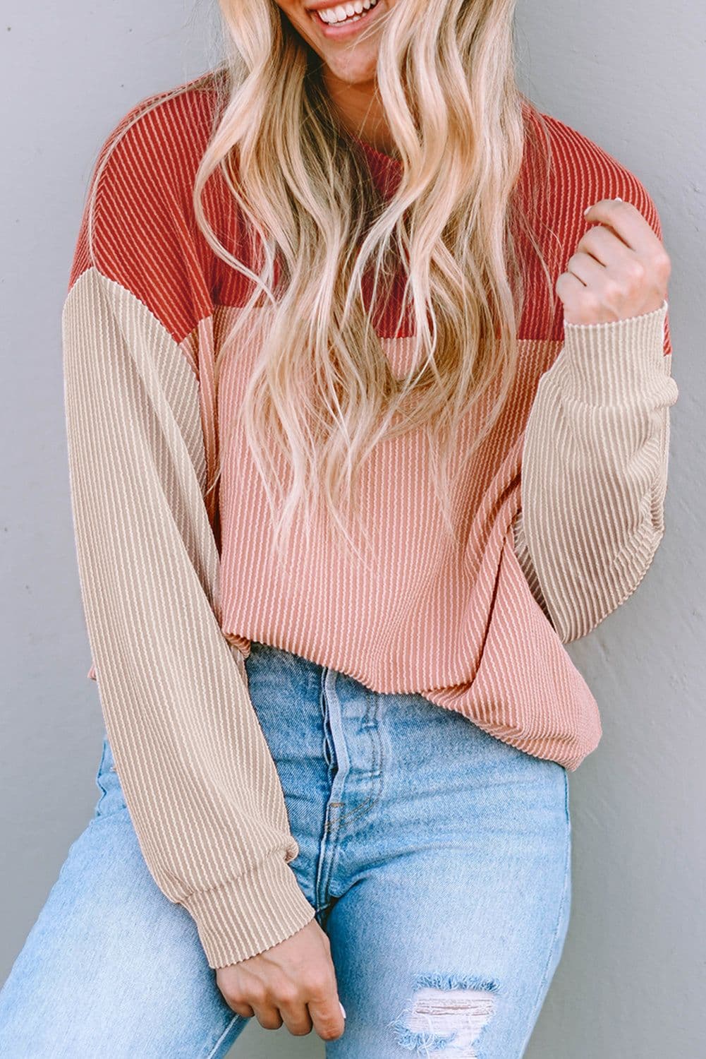 image-Pink Color Block Long Sleeve Ribbed Loose Top