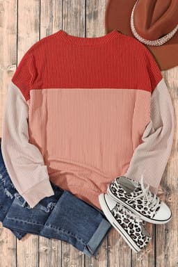 image-Pink Color Block Long Sleeve Ribbed Loose Top