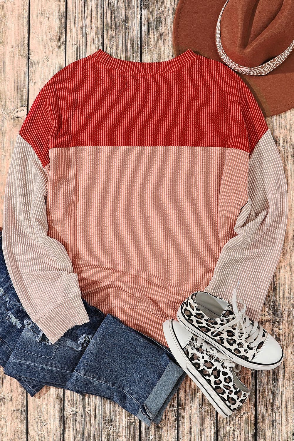 image-Pink Color Block Long Sleeve Ribbed Loose Top