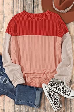 image-Pink Color Block Long Sleeve Ribbed Loose Top