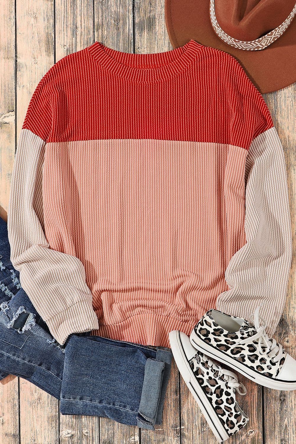 image-Pink Color Block Long Sleeve Ribbed Loose Top