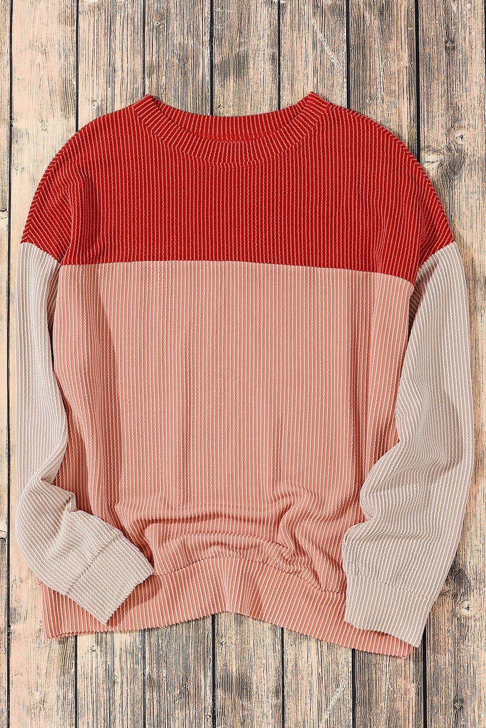 image-Pink Color Block Long Sleeve Ribbed Loose Top