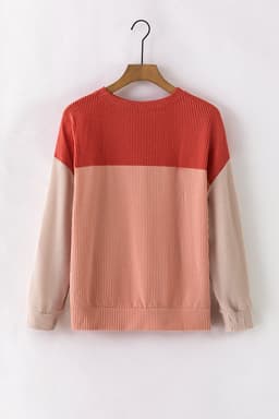image-Pink Color Block Long Sleeve Ribbed Loose Top