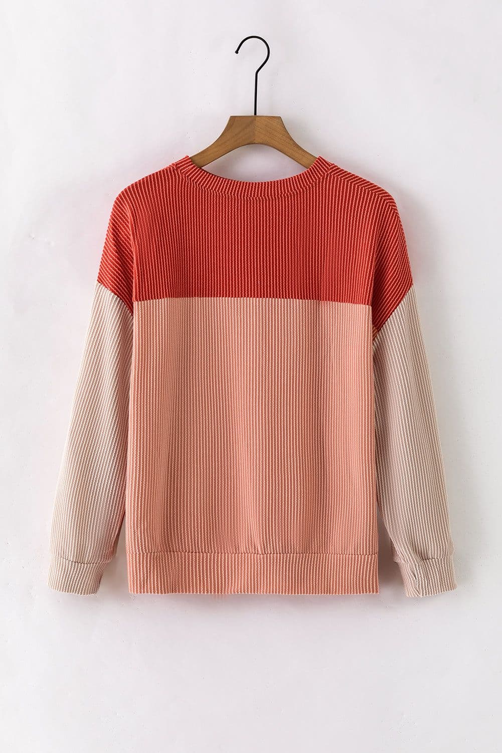 image-Pink Color Block Long Sleeve Ribbed Loose Top