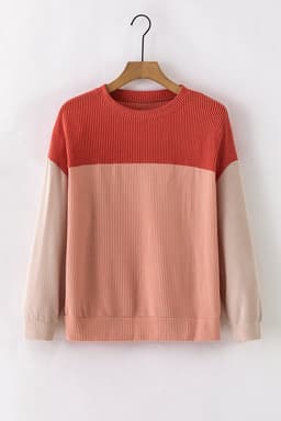 image-Pink Color Block Long Sleeve Ribbed Loose Top