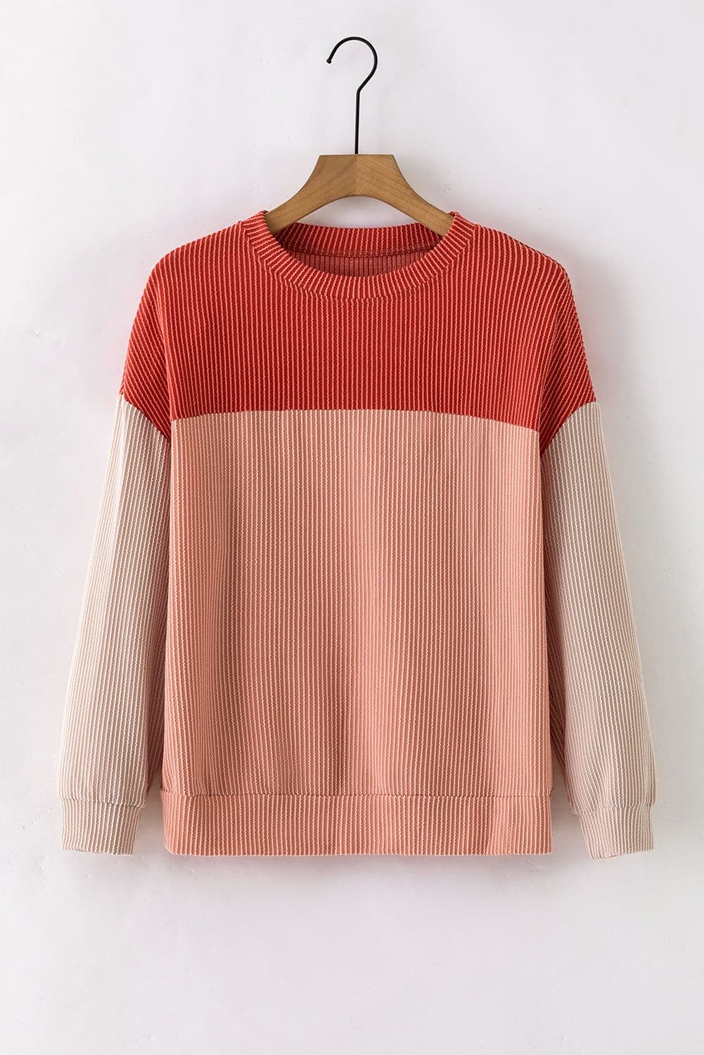 image-Pink Color Block Long Sleeve Ribbed Loose Top