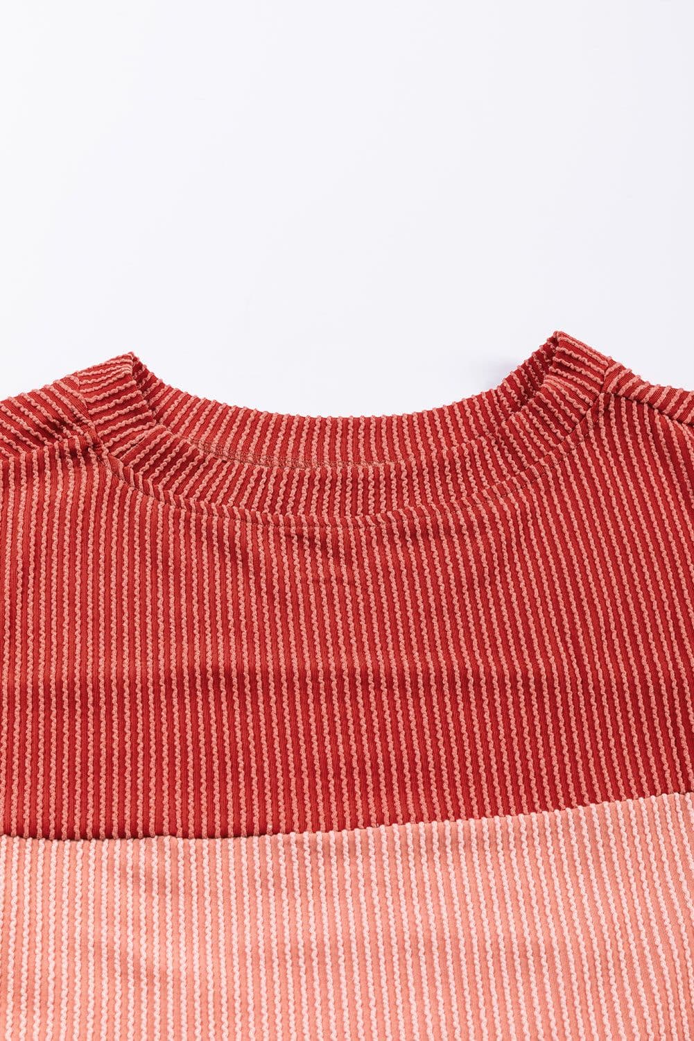 image-Pink Color Block Long Sleeve Ribbed Loose Top