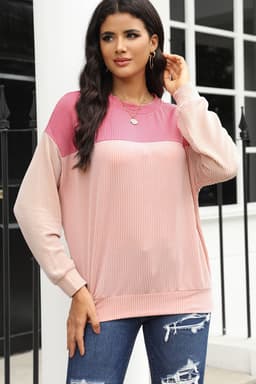 image-Pink Color Block Long Sleeve Ribbed Loose Top