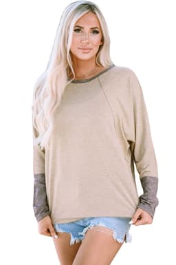 image-Khaki Contrast Cuffs Batwing Sleeve Loose Top