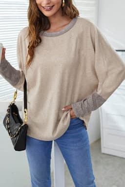 image-Khaki Contrast Cuffs Batwing Sleeve Loose Top