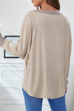 image-Khaki Contrast Cuffs Batwing Sleeve Loose Top
