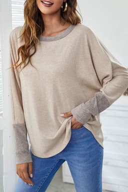 image-Khaki Contrast Cuffs Batwing Sleeve Loose Top