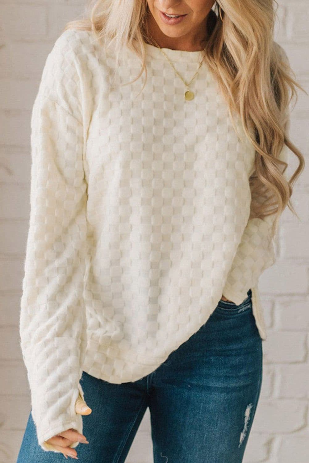 image-Beige Solid Textured Thumbhole Sleeve Top