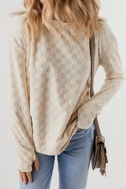 image-Beige Solid Textured Thumbhole Sleeve Top