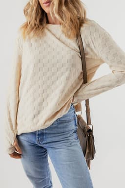 image-Beige Solid Textured Thumbhole Sleeve Top