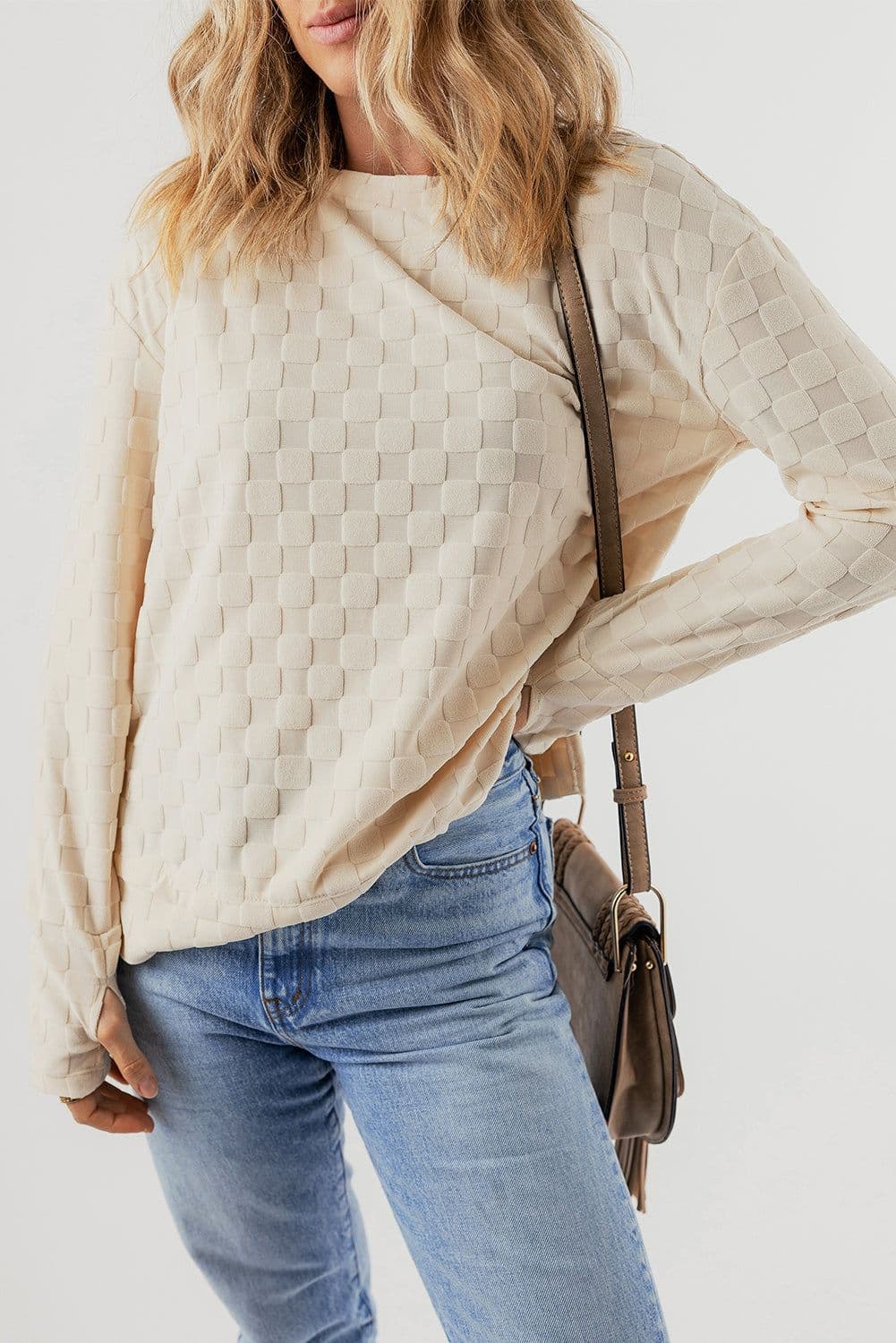 image-Beige Solid Textured Thumbhole Sleeve Top